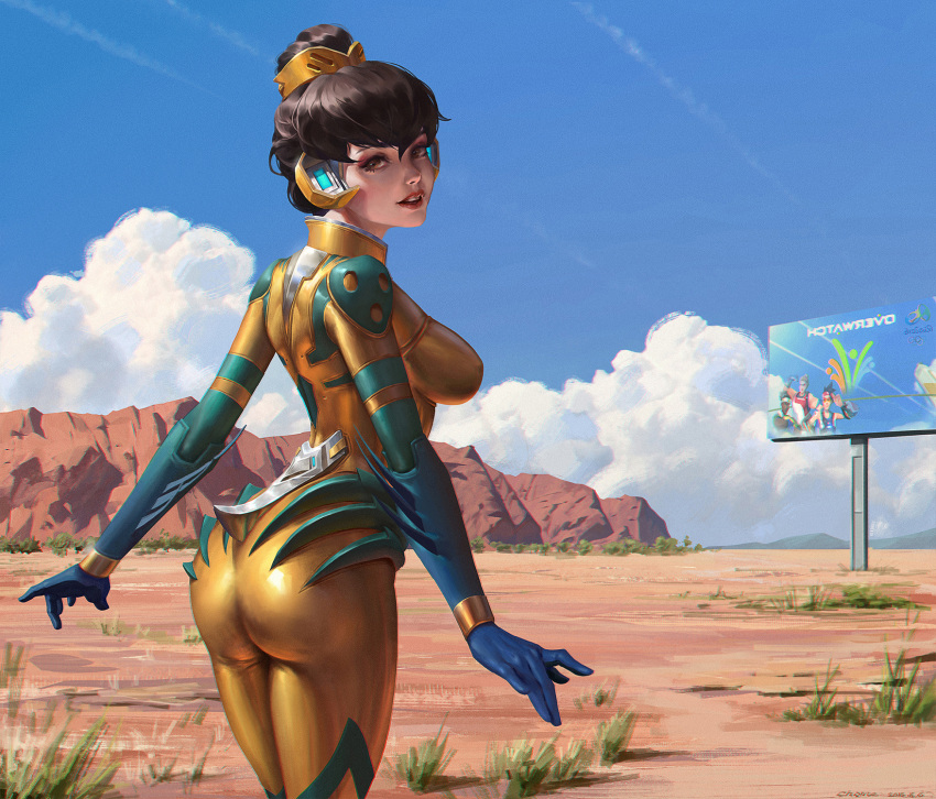 1girl 9 2016 ad alternate_color alternate_costume arms_at_sides artist_name ass b.va_(overwatch) bangs blue_gloves blue_sky bodysuit breasts brown_eyes brown_hair chome clouds cloudy_sky cowboy_shot d.va_(overwatch) overwatch