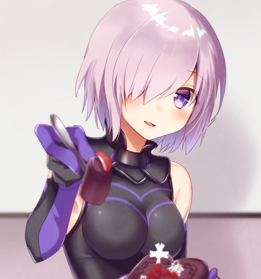 1girl armor armored_dress bangs black_gloves blurry blush breasts chocolate chocolate_heart cleavage depth_of_field elbow_gloves emilion eyebrows_visible_through_hair fate/grand_order fate_(series) food fork fruit gloves hair_over_one_eye heart highres holding holding_food holding_fork indoors large_breasts lavender_hair looking_at_viewer parted_lips purple_gloves purple_hair shielder_(fate/grand_order) short_hair smile solo strawberry upper_body violet_eyes
