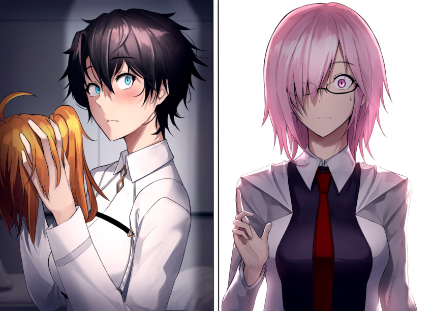 1boy 1girl ahoge blue_eyes breasts caught closed_mouth crossdressinging eyebrows_visible_through_hair eyes_visible_through_hair fate/grand_order fate_(series) fujimaru_ritsuka_(female) fujimaru_ritsuka_(male) glasses hair_over_one_eye jacket light looking_at_viewer necktie open_mouth purple_hair red_necktie shielder_(fate/grand_order) shijiu_(adamhutt) sweatdrop trap uniform violet_eyes wig wig_removed