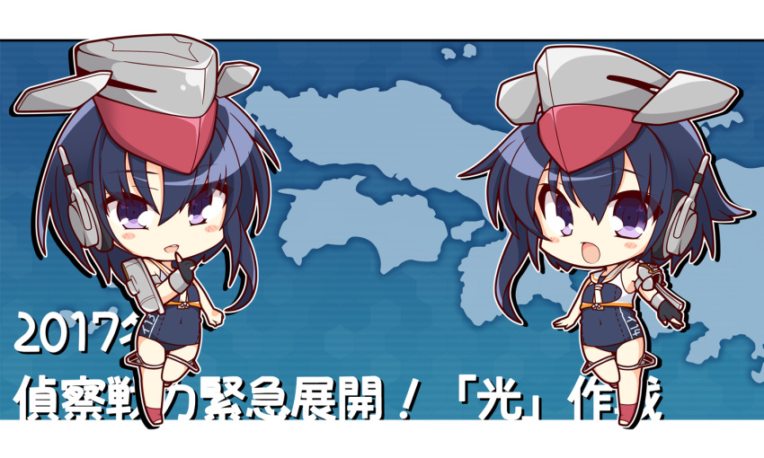2girls asymmetrical_hair bare_shoulders black_hair black_swimsuit brown_eyes chibi gloves hair_between_eyes hat headphones i-13_(kantai_collection) i-14_(kantai_collection) kantai_collection kisaragi_yuu_(re:lucks) looking_at_viewer multiple_girls open_mouth partly_fingerless_gloves sailor_collar school_swimsuit short_hair swimsuit translation_request