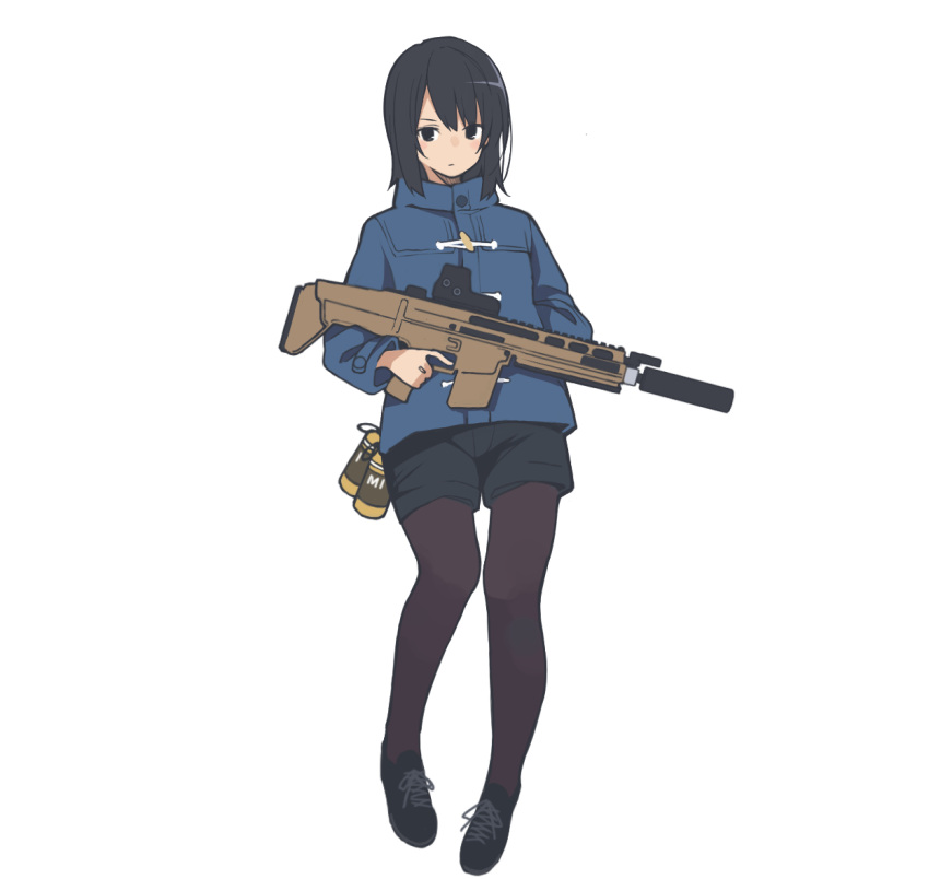 1girl akagawa007 assault_rifle black_eyes black_hair black_legwear eotech explosive fn_scar full_body grenade gun jacket looking_at_viewer original pantyhose pantyhose_under_shorts rifle shoes short_shorts shorts simple_background smoke_grenade sneakers solo suppressor trigger_discipline weapon white_background