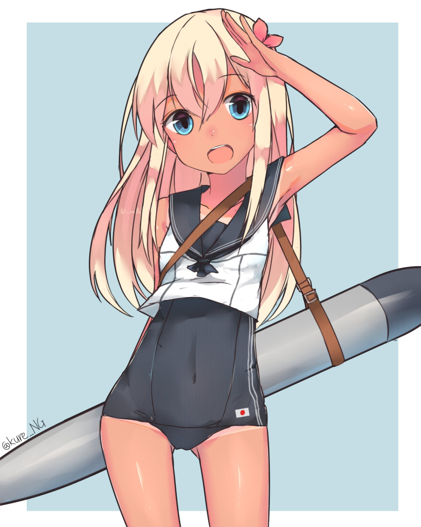 1girl blonde_hair blue_eyes covered_navel cowboy_shot crop_top flower gluteal_fold hair_flower hair_ornament highres kantai_collection kure_(kure_ng) long_hair looking_at_viewer one-piece_tan open_mouth ro-500_(kantai_collection) sailor_collar salute school_swimsuit solo standing swimsuit swimsuit_under_clothes tan tanline torpedo twitter_username