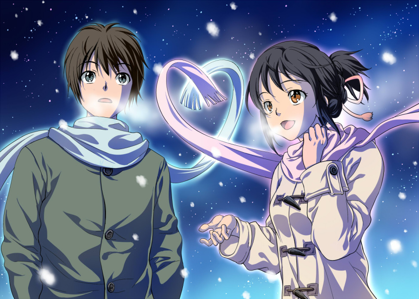 alternate_costume black_hair brown_eyes coat commentary_request green_eyes hair_ribbon heart_shape kimi_no_na_wa maki_aida_factor miyamizu_mitsuha open_mouth red_ribbon ribbon scarf smile tachibana_taki