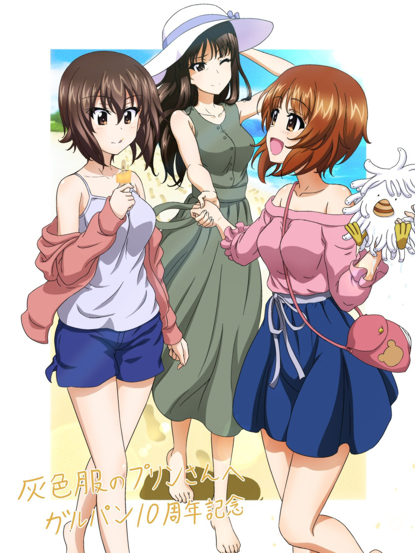 3girls bare_shoulders beach black_hair blue_shorts blue_skirt blush breasts brown_eyes brown_hair closed_mouth dress food girls_und_panzer green_dress hat highres holding_hands key_(gaigaigai123) long_hair looking_at_another medium_breasts multiple_girls nishizumi_maho nishizumi_miho nishizumi_shiho one_eye_closed open_mouth outdoors popsicle shiny shiny_hair shiny_skin short_hair shorts skirt sleeveless smile stuffed_toy