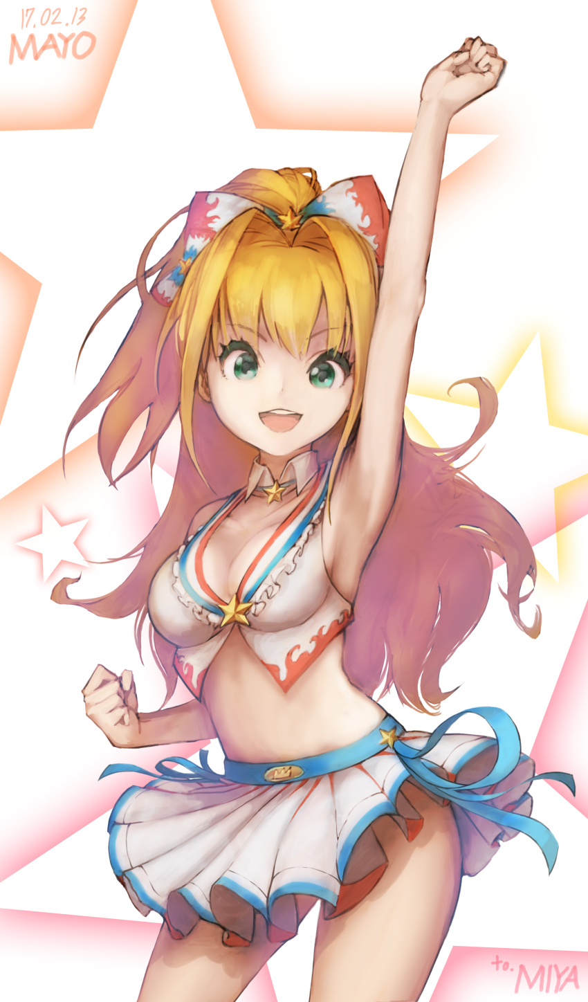 1girl absurdres aqua_eyes arm_up armpits blonde_hair bow breasts cleavage clenched_hand cowboy_shot detached_collar hair_bow high_ponytail highres hino_akane_(idolmaster) idolmaster idolmaster_cinderella_girls long_hair looking_at_viewer mayo_(rlaguswls46) midriff open_mouth skirt solo star thighs