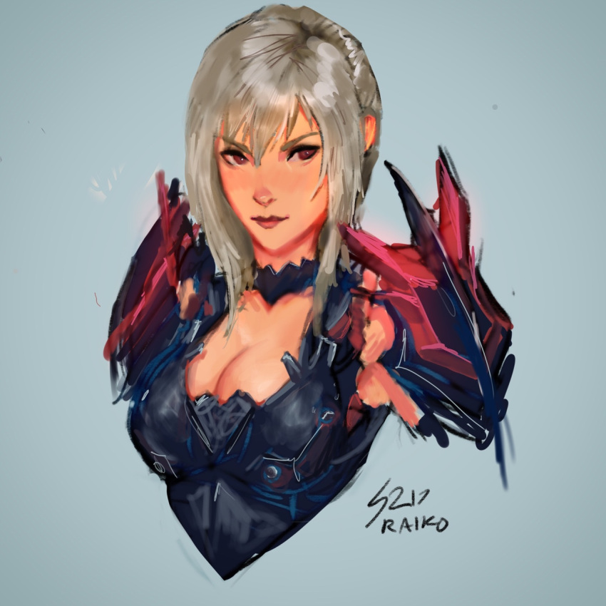 1girl aranea_highwind armor breasts brown_eyes cleavage final_fantasy final_fantasy_xv highres large_breasts raikoart silver_hair simple_background solo
