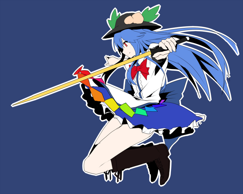 1girl black_boots black_hat blue_background blue_hair blue_skirt boots bow bowtie food frilled_skirt frills from_side fruit hat hat_leaf hinanawi_tenshi holding holding_weapon homco long_hair outstretched_arms peach rainbow_order red_bow red_bowtie red_eyes shirt short_sleeves skirt solo spread_arms sword sword_of_hisou touhou weapon white_shirt