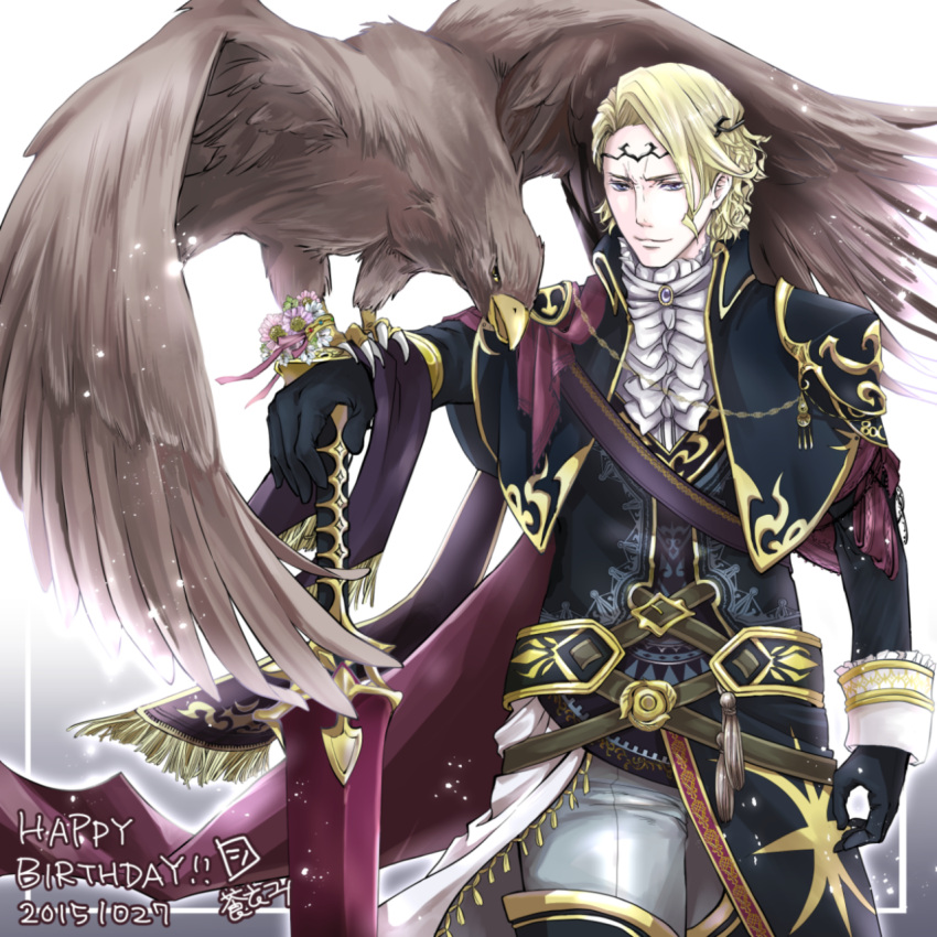 1boy animal armor artist_request belt bird bird_on_hand blonde_hair eagle european_clothes fire_emblem fire_emblem_if gloves highres holding looking_at_viewer pauldrons simple_background smile sword weapon white_background