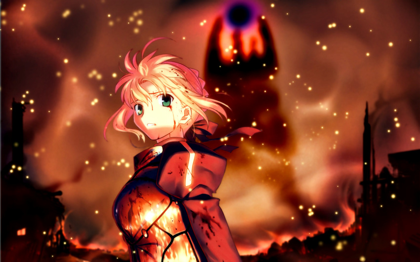 armor blonde_hair blood blood_on_face fate/stay_night fate/zero fate_(series) fire green_eyes highres ruins saber solo takeuchi_takashi wallpaper