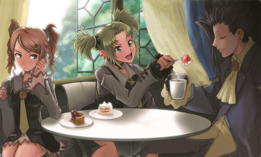 2girls cake closed_eyes cup cups droite eating food fork fruit gauche green_eyes green_hair happy motsu_rebaa multiple_girls necktie open_mouth pastry red_eyes red_hair short_twintails skirt strawberries strawberry tales_of_(series) tales_of_vesperia tea twintails yeager