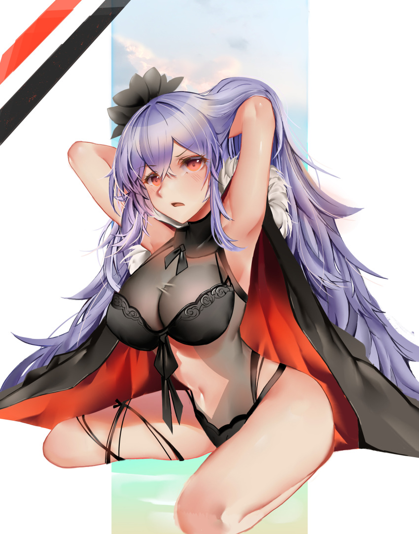 1girl absurdres alternate_costume armpits arms_behind_head azur_lane bangs black_flower black_swimsuit blush breasts cleavage eyebrows_visible_through_hair flower fur-trimmed_cloak graf_zeppelin_(azur_lane) hair_between_eyes hair_flower hair_ornament highres kneeling large_breasts long_hair looking_at_viewer messy_hair navel one-piece_swimsuit open_mouth para3318 red_eyes see-through sidelocks silver_hair solo stomach swimsuit thighs very_long_hair