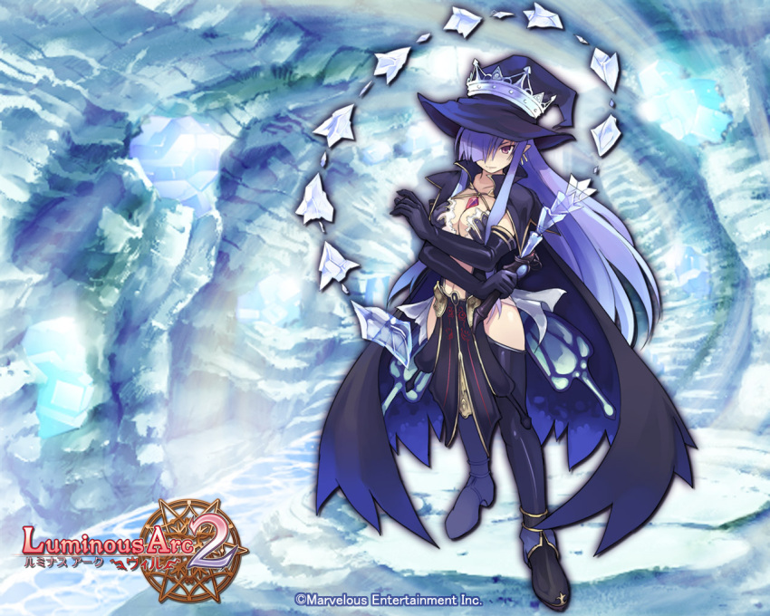 1280x1024 boots breasts cleavage crossed_arms earrings elbow_gloves fatima gloves hair_over_one_eye hat hips ice jewelry large_breasts long_hair luminous_arc luminous_arc_2 midriff navel pendant purple_eyes shibano_kaito thigh-highs thigh_boots thighhighs violet_eyes wallpaper witch witch_hat