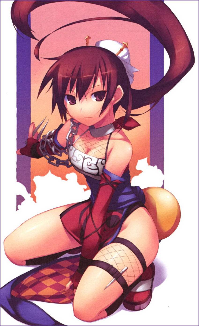 breasts brown_hair bun_cover chain chains cleavage elbow_gloves fingerless_gloves fishnets gloves hair_bun hair_ornament hairpin highres hips holster kneehighs legs long_hair luminous_arc nanakusa needle ninja ponytail purple_eyes saki_(luminous_arc) scan socks thigh_strap violet_eyes