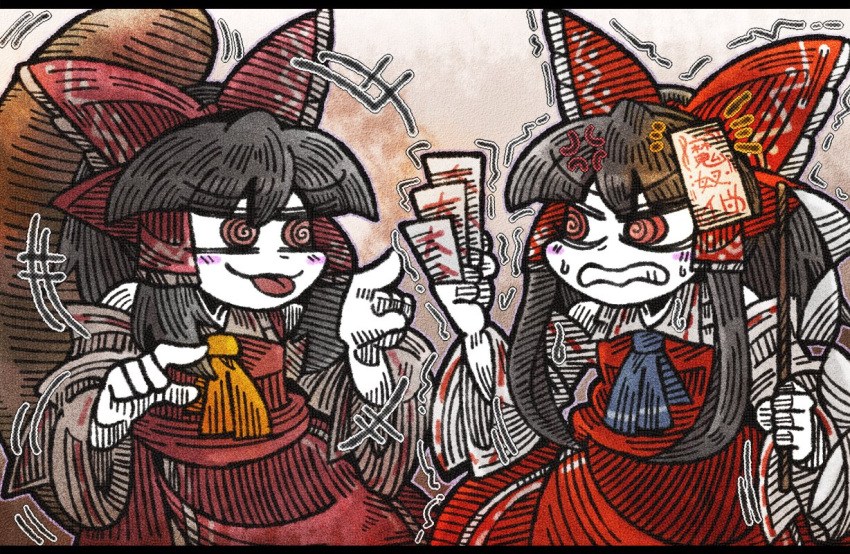 &gt;:) +++ 2girls al_bhed_eyes anger_vein angry bangs black_hair blue_ascot blunt_bangs blush_stickers bow clenched_hands clenched_teeth detached_sleeves eyebrows_visible_through_hair gohei hair_between_eyes hair_bow hair_tubes hakurei_reimu letterboxed line_shading multiple_girls ofuda raccoon_tail red_bow red_eyes red_shirt red_skirt shirt sidelocks skirt suenari_(peace) sweat tail tanuki teeth touhou trembling white_skin wide_sleeves yellow_ascot