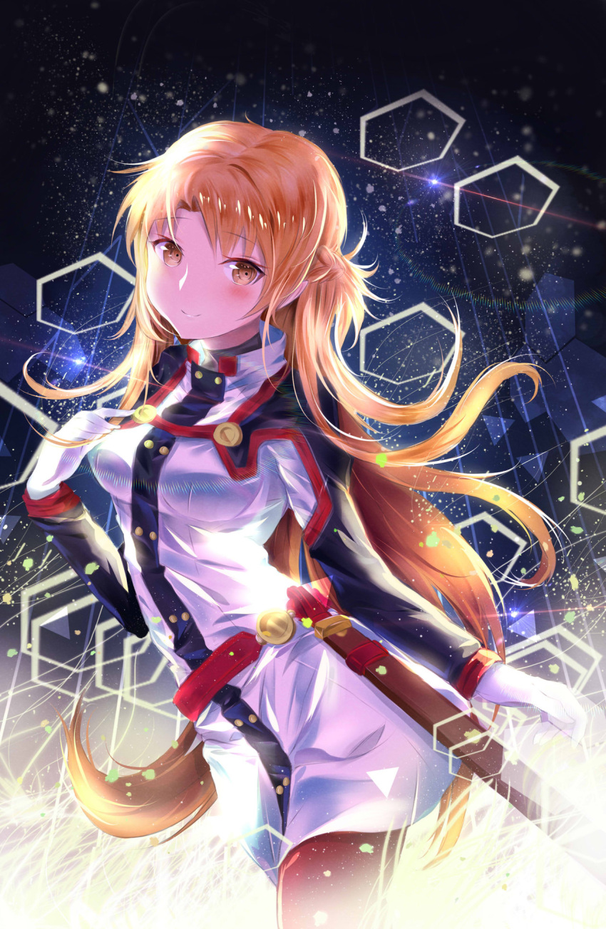 1girl asuna_(sao) belt blush braid breasts closed_mouth cowboy_shot dress eyebrows_visible_through_hair fhilippedu french_braid gloves hand_on_own_chest highres leaning_forward light light_particles light_rays long_hair long_sleeves looking_at_viewer medium_breasts orange_eyes orange_hair pantyhose red_legwear sheath sheathed smile solo standing sword_art_online tareme triangle very_long_hair white_dress white_gloves