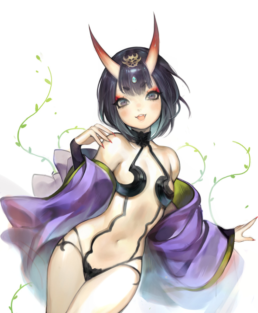 1girl bangs bare_shoulders black_hair breasts demon_girl eyeshadow fang fate/grand_order fate_(series) grey_eyes hair_ornament highres horns lingerie long_sleeves looking_at_viewer makeup nail_polish navel oni oni_horns open_mouth short_hair shuten_douji_(fate/grand_order) skinny small_breasts smile straight_hair underwear upper_body viorie