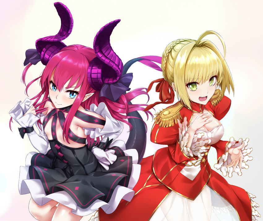 2girls :d ahoge blonde_hair blue_eyes breasts center_opening cleavage detached_sleeves dragon_girl dragon_tail dress epaulettes fate/extra fate/extra_ccc fate_(series) green_eyes hair_intakes hair_ribbon hand_on_hip hand_on_own_chest highres horns infinote lancer_(fate/extra_ccc) long_hair long_sleeves multiple_girls open_mouth pink_hair pointy_ears red_dress ribbon saber_extra see-through short_hair smile tail wrist_cuffs