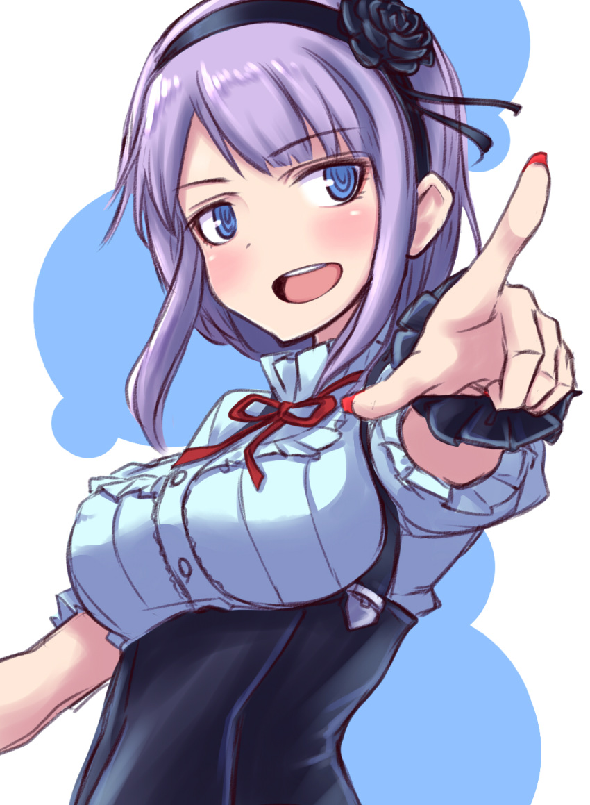 1girl a9b_(louis814) bad_perspective bangs black_hairband black_rose black_skirt blue_eyes dagashi_kashi flower hair_flower hair_ornament hairband high-waist_skirt highres looking_at_viewer open_mouth pointing pointing_at_viewer purple_hair red_ribbon ribbon ringed_eyes rose shidare_hotaru shirt short_hair short_sleeves sketch skirt smile solo suspender_skirt suspenders upper_body white_shirt