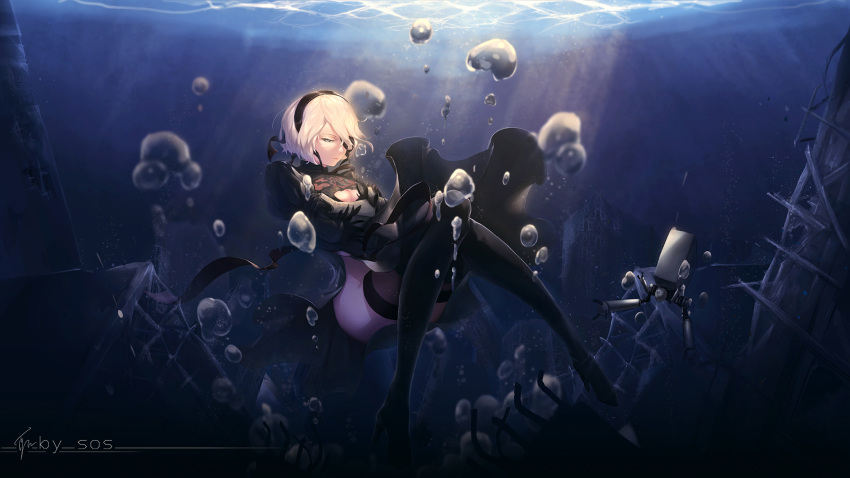 1girl boots breasts bubble cleavage cleavage_cutout highres juliet_sleeves light_rays long_sleeves nier_(series) nier_automata pale_skin pod_(nier_automata) puffy_sleeves short_hair solo text thigh-highs thighs underwater white_hair yorha_no._2_type_b