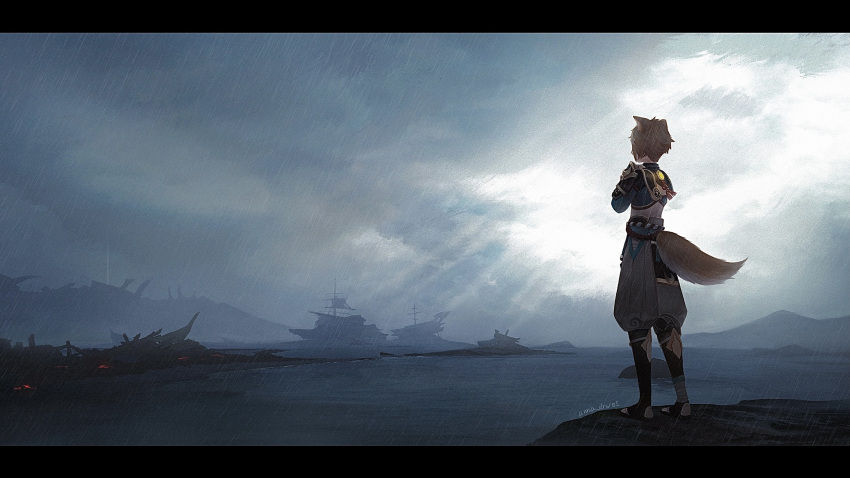 1boy animal_ears anna_(drw01) brown_hair crossed_arms facing_away fox_boy fox_ears fox_tail from_behind genshin_impact gorou_(genshin_impact) highres letterboxed male_focus outdoors overcast rain shipwreck short_hair solo standing tail