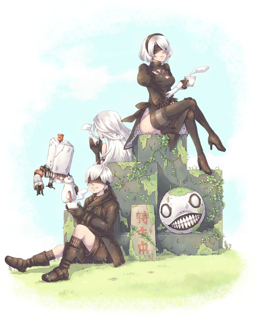 1boy 2girls android boots breasts cleavage cleavage_cutout cup dress drinking gloves grass high_heels highres holding holding_cup juliet_sleeves legs_crossed long_hair long_sleeves multiple_girls nier_(series) nier_automata pale_skin patterned_clothing pod_(nier_automata) puffy_sleeves robot short_hair shorts simple_background sitting smile tea text thigh-highs white_hair yorha_no._2_type_b yorha_no._9_type_s yorha_type_a_no._2