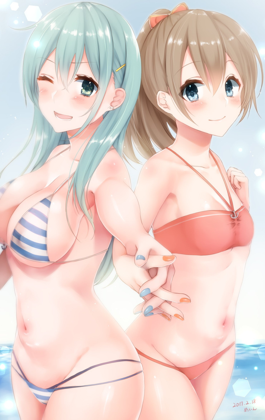 2girls alternate_costume aqua_hair back-to-back bikini blue_eyes blurry blush breasts brown_hair cowboy_shot dated depth_of_field from_side green_eyes groin hair_ornament hairclip halter_top halterneck hand_holding highres interlocked_fingers kantai_collection kumano_(kantai_collection) large_breasts long_hair looking_at_viewer lowleg lowleg_bikini midriff multiple_girls nail_polish navel one_eye_closed ponytail red_bikini sakiryo_kanna sideboob small_breasts smile string_bikini striped striped_bikini suzuya_(kantai_collection) swimsuit under_boob wink