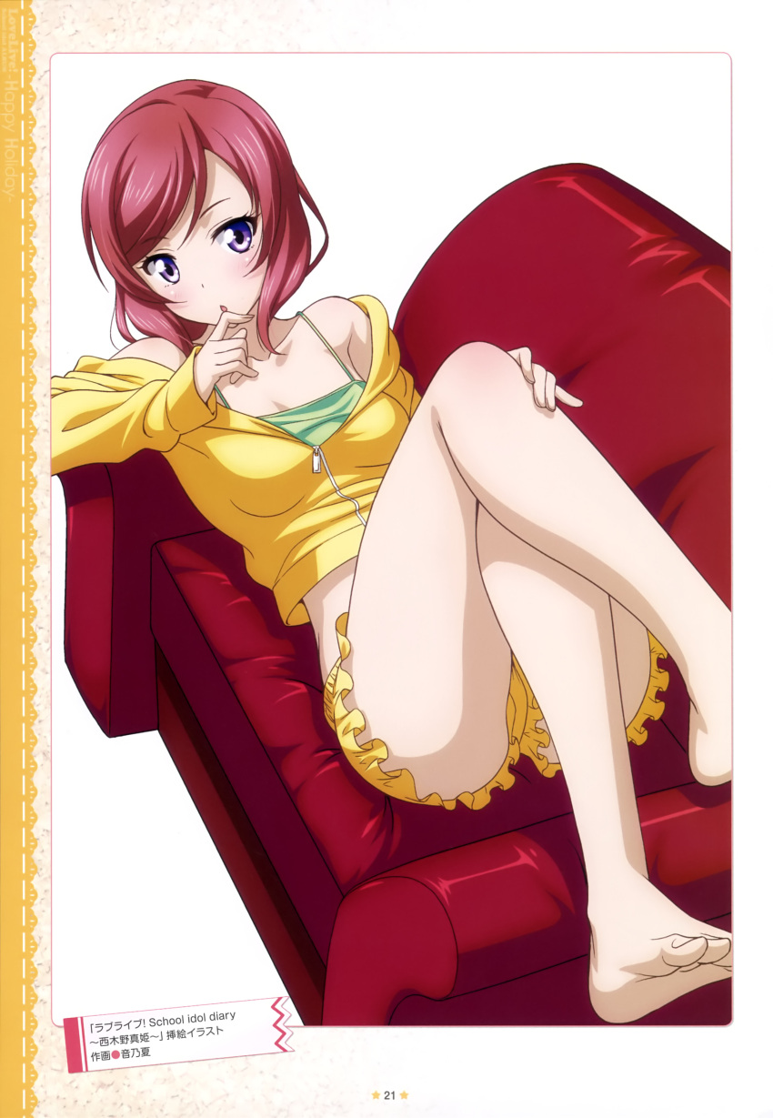 1girl absurdres barefoot breasts cleavage collarbone couch feet green_shirt highres jacket long_hair looking_at_viewer love_live! love_live!_school_idol_project lying nishikino_maki on_back otono_natsu redhead scan shirt shorts solo toes violet_eyes yellow_jacket yellow_shorts zipper