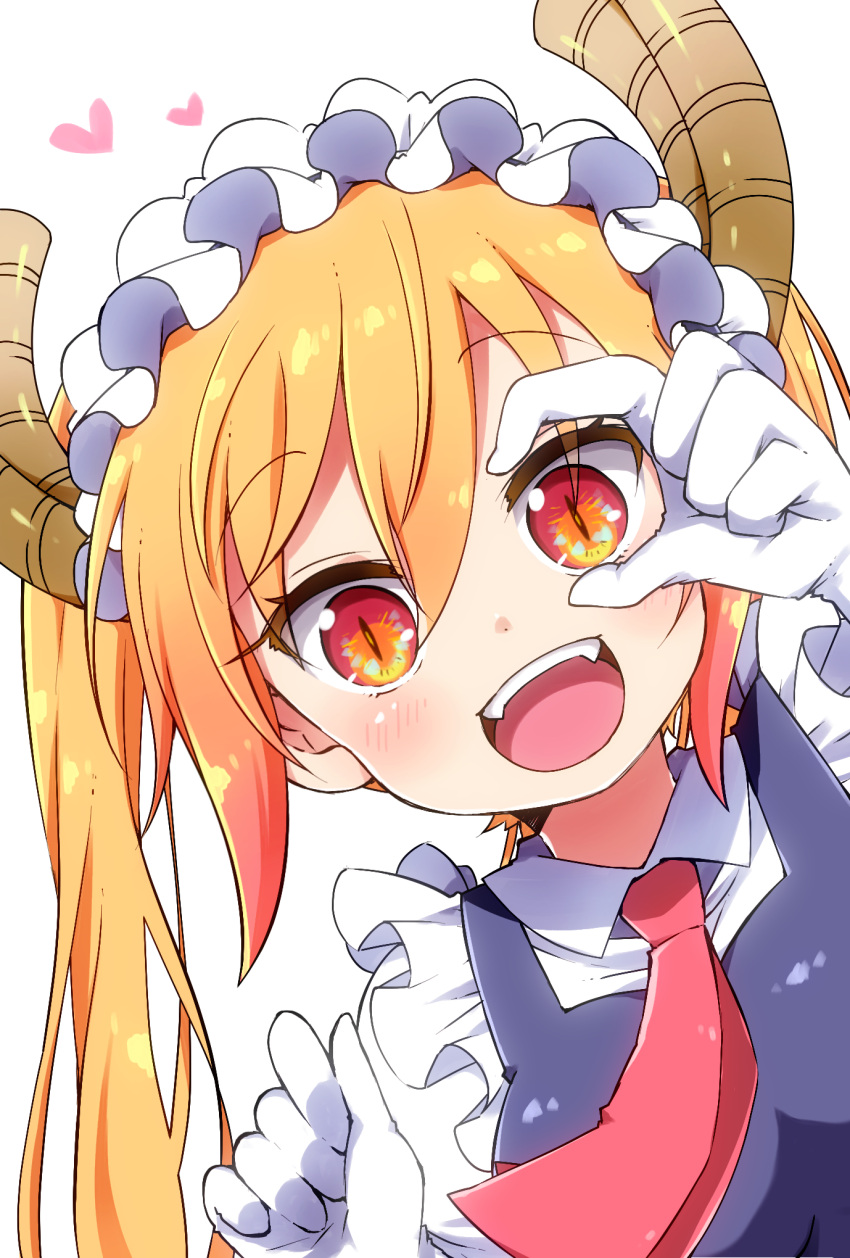 1girl :d black_dress blonde_hair blush breasts collared_shirt dragon_girl dragon_horns dress dress_shirt elbow_gloves eyebrows_visible_through_hair fangs frills gloves gradient_eyes hair_between_eyes hand_on_own_face hands_up heart highres horns kobayashi-san_chi_no_maidragon large_breasts long_hair looking_at_viewer maid maid_headdress multicolored multicolored_eyes necktie open_mouth orange_eyes orange_hair pikomarie puffy_short_sleeves puffy_sleeves red_eyes red_necktie shirt short_sleeves sidelocks simple_background skirt sleeveless sleeveless_dress slit_pupils smile solo tooru_(maidragon) twintails upper_body wallpaper white_background white_gloves white_shirt yellow_eyes