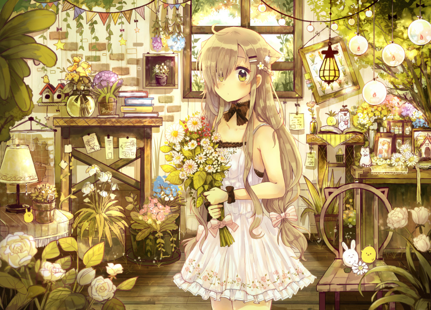 1girl ahoge animal_ears bird black_ribbon blurry blush bouquet braid breasts brick_wall brown_hair cat cat_ears chair chick closed_mouth collarbone depth_of_field dress eyes_visible_through_hair flower green_eyes hair_ornament hair_over_one_eye hair_ribbon hairclip highres holding holding_bouquet holding_flower indoors lamp long_hair looking_at_viewer medium_breasts neck_ribbon niikura_kaori note original pennant photo_(object) plant potted_plant rabbit ribbon solo standing very_long_hair white_dress white_flower window