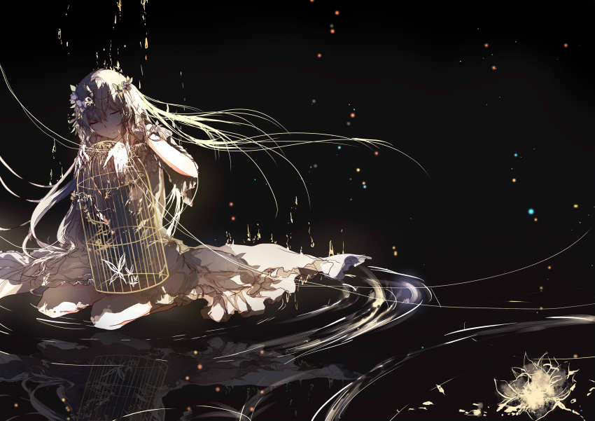 1girl absurdres black_background butterfly cage closed_eyes dress droplets flower head_wreath highres kneeling kneeling_on_water light_brown_hair long_hair original reflection ripples sketch solo xi_xun