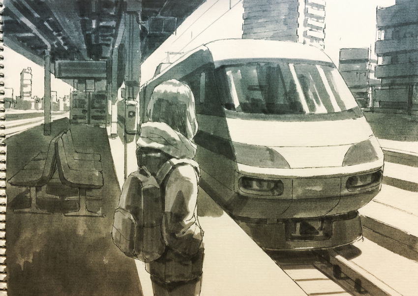 1girl backpack bag building chair city cowboy_shot from_behind greyscale ground_vehicle hands_in_pockets hood hoodie long_hair millipen_(medium) monochrome nib_pen_(medium) notebook original photo scenery shade sketch solo texture tokunaga_akimasa traditional_media train train_station vending_machine