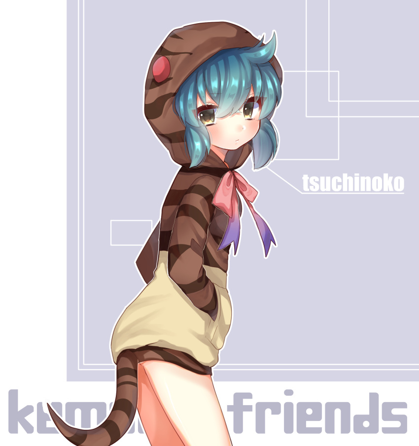 &gt;:/ 1girl :/ aqua_hair bare_legs bibe_masa blush character_name copyright_name cowboy_shot dot_nose eyelashes from_side hair_between_eyes hands_in_pockets highres hood hoodie kemono_friends lavender_background long_sleeves looking_at_viewer neck_ribbon outline outside_border rectangle ribbon romaji shy sidelocks solo striped striped_tail tail tsuchinoko_(kemono_friends) tsurime white_outline yellow_eyes
