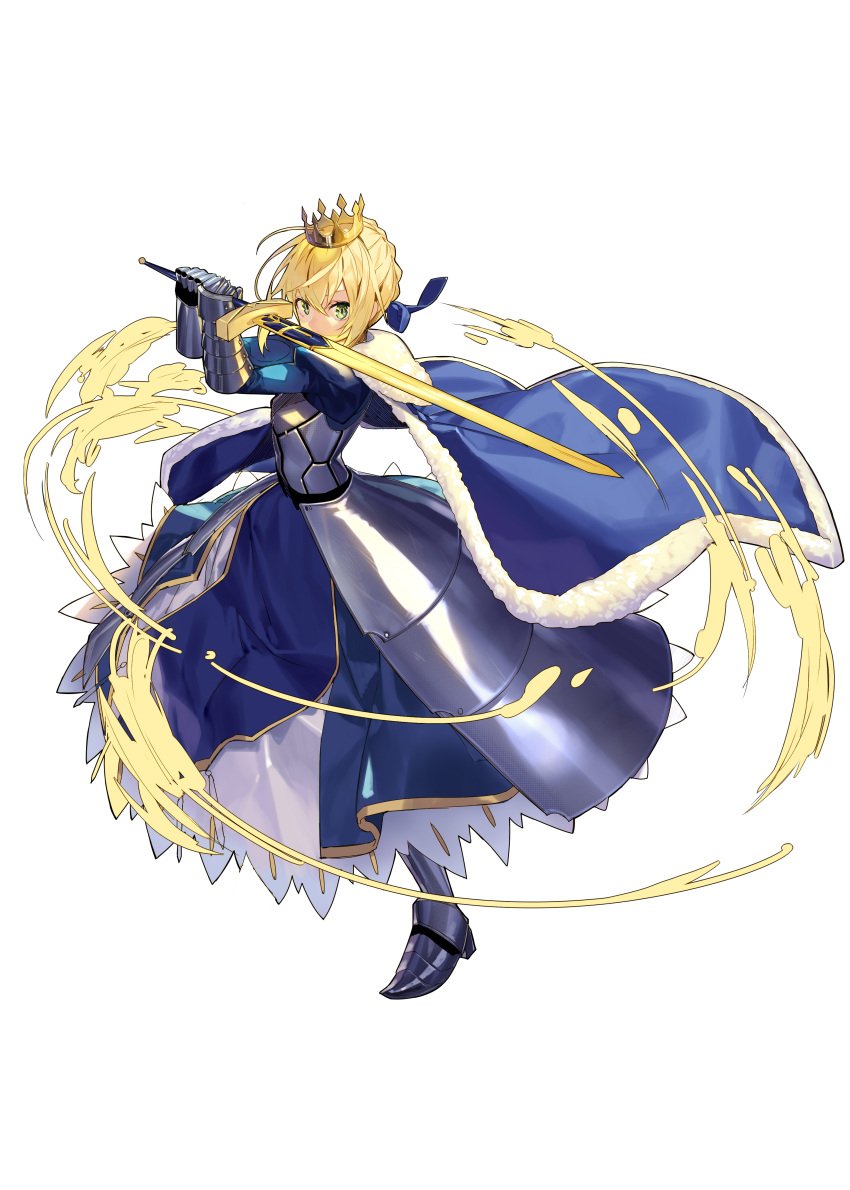 1girl absurdres ahoge armor armored_boots armored_dress blonde_hair blue_dress blue_ribbon boots crown dress fate/stay_night fate_(series) full_body gauntlets green_eyes highres looking_at_viewer misoni_comi ribbon saber solo sword two-handed_sword weapon white_background