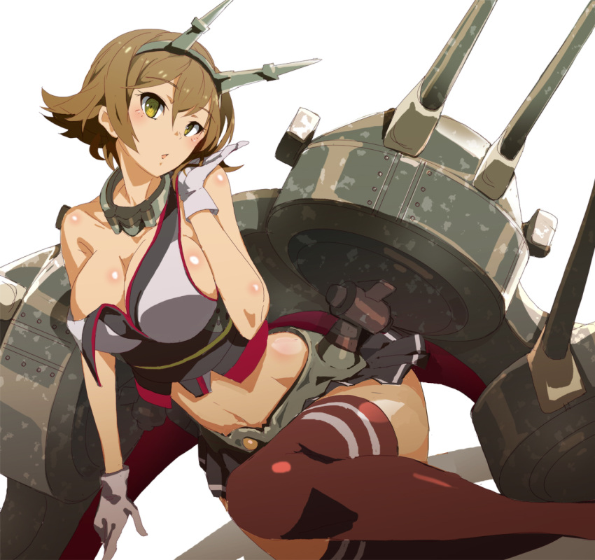 1girl breasts brown_eyes brown_hair cleavage gloves kantai_collection large_breasts meriken0111 mutsu_(kantai_collection) navel red_legwear rigging short_hair solo striped striped_legwear torn_clothes turret white_gloves