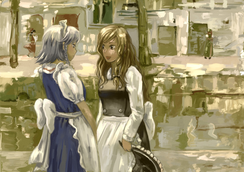 3girls amibazh apron blonde_hair blurry bow brown_hair commentary depth_of_field faux_traditional_media gohei hair_bow hakurei_reimu hat hat_removed headwear_removed holding holding_hat izayoi_sakuya kirisame_marisa maid_headdress multiple_girls silver_hair talking touhou waist_apron witch_hat