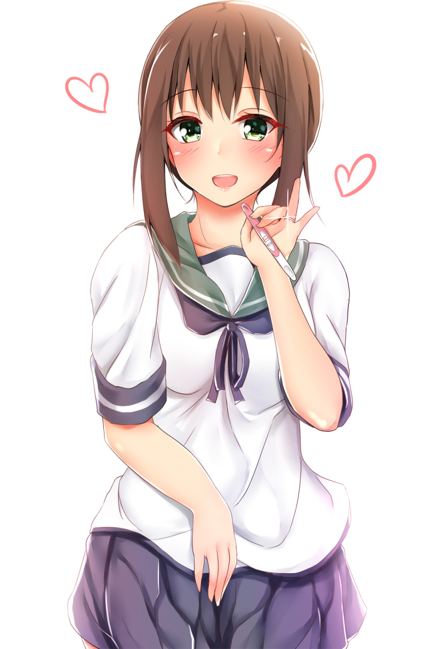 1girl :d blue_ribbon blue_skirt blush breasts brown_hair collarbone cowboy_shot eyebrows_visible_through_hair fubuki_(kantai_collection) glint green_eyes heart highres holding jewelry kantai_collection looking_at_viewer open_mouth pikatchi pleated_skirt pregnancy_test pregnant ribbon ring school_uniform serafuku shiny shiny_skin shirt short_hair short_sleeves simple_background skirt small_breasts smile standing tareme wedding_band white_background white_shirt