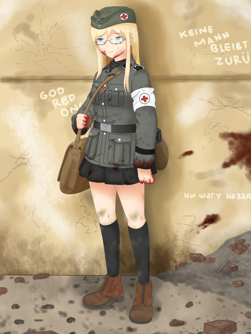 1girl absurdres aqua_eyes bag blood germany glasses highres military military_uniform original rubble skirt socks soldier uniform world_war_ii