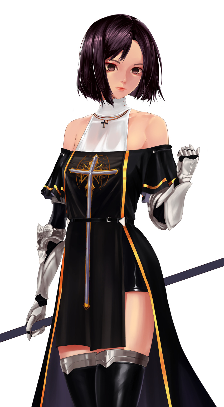 absurdres bare_shoulders brown_eyes cross dress dungeon_and_fighter female_priest_(dungeon_and_fighter) gauntlets highres lips looking_down purple_hair short_hair shorts solo white_background yagamoto