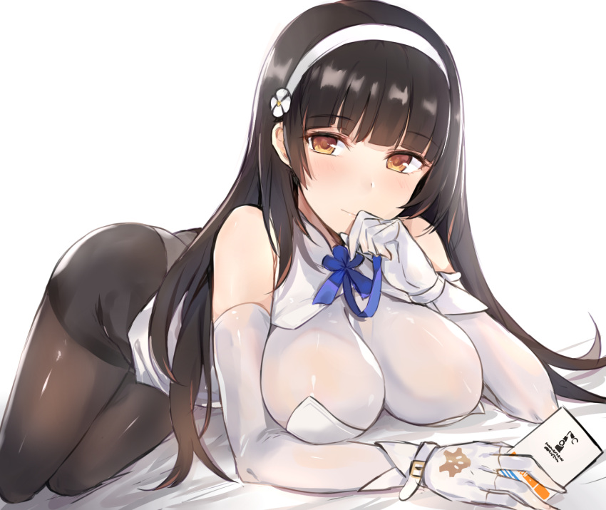 1girl bangs bed between_breasts black_hair black_legwear blue_neckerchief blunt_bangs breasts brown_eyes closed_mouth cowboy_shot dress elbow_gloves eyebrows_visible_through_hair flower_ornament girls_frontline gloves hair_over_shoulder hairband head headband highres hime_cut kyouki large_breasts leaning_forward lips long_hair looking_at_viewer miniskirt on_bed pantyhose parted_lips pink_lips pleated_skirt qbz-95_(girls_frontline) simple_background skirt sleeveless sleeveless_dress solo standing very_long_hair white_background white_dress white_gloves