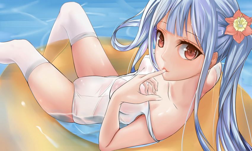 1girl absurdres bangs bare_shoulders blue_hair blunt_bangs breasts erect_nipples eyebrows_visible_through_hair eyelashes finger_in_mouth finger_to_mouth flower hair_flower hair_ornament highres innertube looking_at_viewer medium_breasts mikawa_sansen one-piece_swimsuit original red_eyes school_swimsuit solo strap_slip swimsuit thigh-highs twintails water white_legwear white_school_swimsuit white_swimsuit