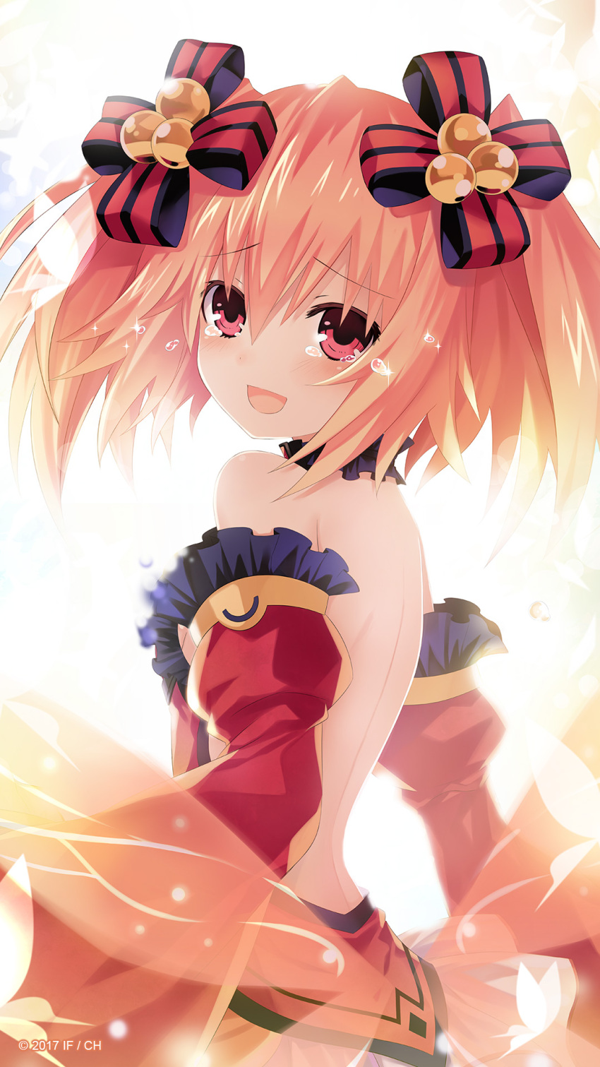 1girl 2017 alyn_(fairy_fencer_f) bare_back bare_shoulders blush choker detached_sleeves eyebrows_visible_through_hair fairy_fencer_f hair_ornament hair_ribbon highres looking_at_viewer official_art open_mouth orange_hair pink_eyes ribbon short_hair smile solo tears tsunako twintails