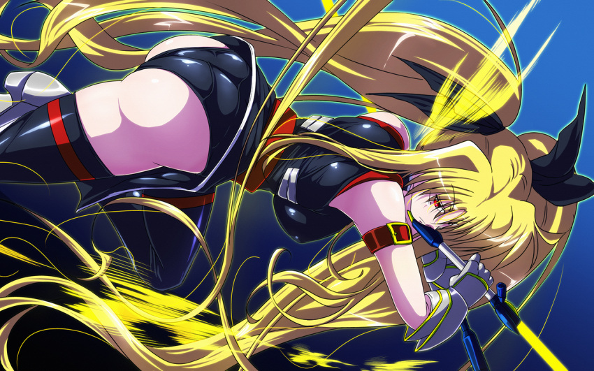 1girl arched_back ass bardiche belt black_legwear black_leotard blonde_hair breasts closed_mouth commentary_request energy_blade erect_nipples fate_testarossa from_behind gauntlets hair_ribbon large_breasts leotard long_hair looking_back lyrical_nanoha magical_girl mahou_shoujo_lyrical_nanoha_strikers pelvic_curtain red_eyes reverse_grip ribbon shiny shiny_clothes shiny_hair shiny_skin sideways skin_tight solo tappa_(esperanza) thigh-highs twintails very_long_hair