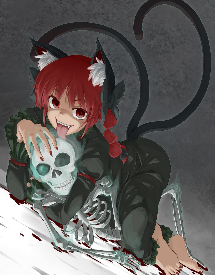 1girl :p animal_ears barefoot blood braid cat_ears cat_tail dress dutch_angle fangs fingernails green_dress grey_background hair_ribbon highres juliet_sleeves kaenbyou_rin kokko361 licking long_sleeves looking_at_viewer lying multiple_tails nail_polish on_stomach puffy_sleeves red_eyes red_nails redhead ribbon sharp_fingernails short_hair skeleton solo tail toenails tongue tongue_out touhou twin_braids two_tails