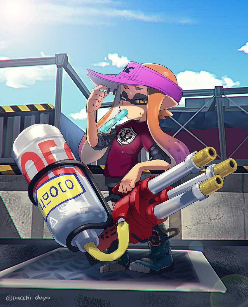 1girl anchor_symbol black_shorts blue_boots boots clouds cloudy_sky day domino_mask food full_body hat highres holding holding_weapon hydra_splatling_(splatoon) inkling inkling_(language) layered_clothing lens_flare long_hair long_sleeves looking_at_viewer mask one_eye_closed orange_eyes orange_hair outdoors pointy_ears popsicle print_shirt puchiman purple_hat purple_shirt shirt short_over_long_sleeves shorts sky sleeves_rolled_up solo splatoon standing sweat tentacle_hair twitter_username visor_cap weapon