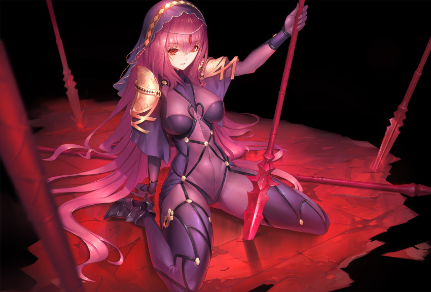 1girl arm_support duan_henglong fate/grand_order fate_(series) gloves high_heels highres looking_up polearm red_eyes scathach_(fate/grand_order) see-through sitting skin_tight spaulders spear wariza weapon