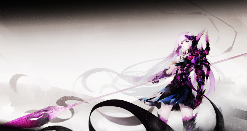 1girl ae_(alter-c) armor dark fate/grand_order fate/prototype fate/prototype:_fragments_of_blue_and_silver fate_(series) highres lancer_(fate/prototype_fragments) long_hair looking_at_viewer polearm silver_hair simple_background solo spear thigh-highs very_long_hair violet_eyes weapon
