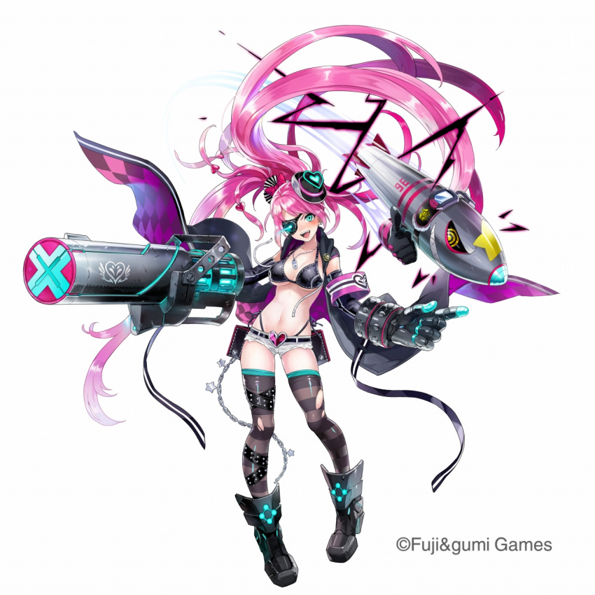:d aqua_eyes arm_cannon armor armored_boots belt belt_buckle belt_pouch bikini black_killers_(phantom_of_the_kill) boots bow breasts buckle chains cutoff_jeans cutoffs dark_persona dog_tags earrings elbow_gloves eyepatch freikugel gloves glowing goggles hair_bow hair_ornament hat heart_shape highres jewelry large_breasts laughing leather leather_bikini legband long_hair long_jacket missile open_mouth phantom_of_the_kill pink_hair ribbon side_ponytail sleeveless_jacket smile star swimsuit thigh-highs thumbs_up torn_clothes torn_thighhighs very_long_hair weapon
