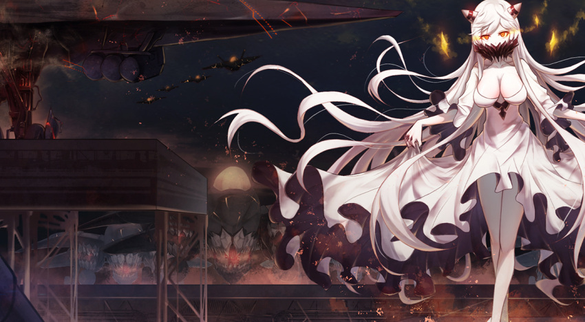 1girl aircraft airplane bare_legs boyogo breasts cleavage collarbone covered_mouth destruction detached_collar detached_sleeves dress dress_lift fire floating_hair glowing glowing_eyes horns kantai_collection large_breasts legs_crossed long_hair looking_at_viewer midway_hime outdoors red_eyes shinkaisei-kan ship solo standing strapless strapless_dress veins very_long_hair watercraft white_dress white_hair white_skin