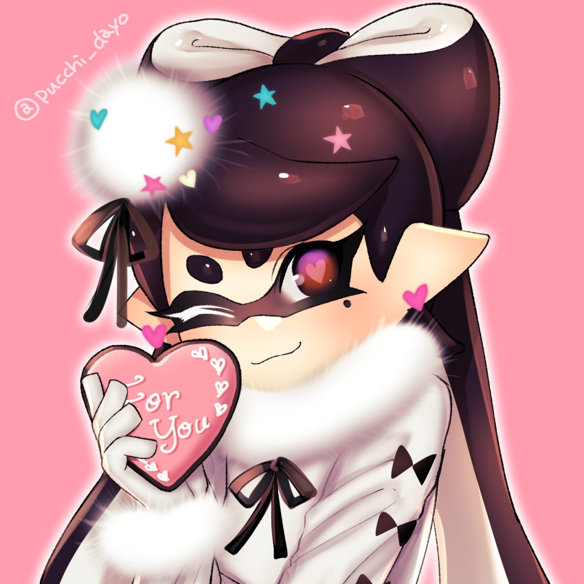 1girl aori_(splatoon) black_hair blush closed_mouth domino_mask earrings english gift gloves heart heart-shaped_pupils highres holding jewelry long_hair long_sleeves looking_at_viewer mask mole mole_under_eye one_eye_closed pink_background pointy_ears portrait puchiman shirt simple_background smile solo splatoon star symbol-shaped_pupils tentacle_hair twitter_username valentine white_gloves white_shirt