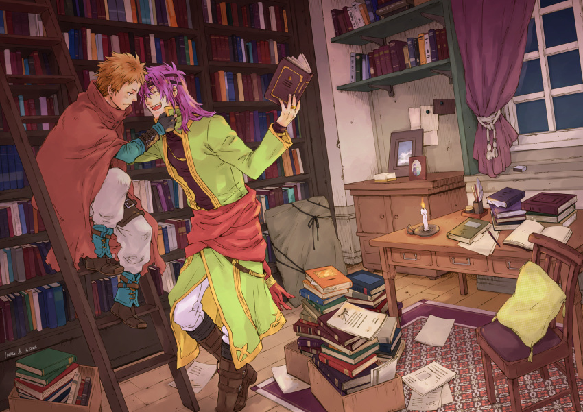 2boys artist_name blush book boots brown_eyes brown_hair candle capelet chad_(fire_emblem) closed_eyes curtains fingerless_gloves fire_emblem fire_emblem:_fuuin_no_tsurugi gloves headband highres hugh inagi jewelry library long_hair male_focus multiple_boys purple_hair ring teeth window